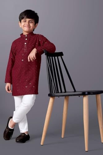Image of Valaki Kurta Pajama Set for Boys Cotton Blend Mirror Work Embroidery Kurta Pyjama for Boys