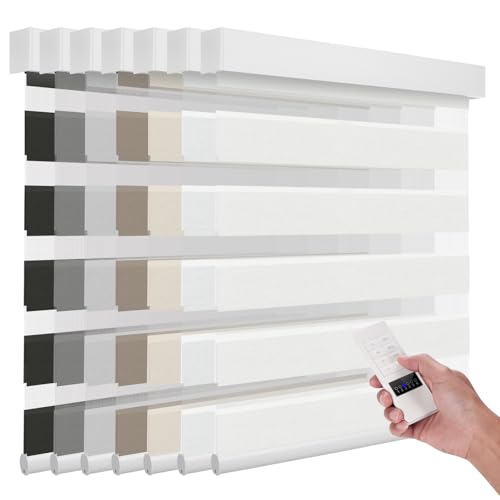 ACMEART Motorized Zebra Shades with Remote,Dual Layer Automatic Window Blinds,Light Filtering Electric Blinds for Home Office Custom Size (Solid White-95% Shading)