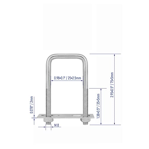 Image of 4 Sets 304 Stainless Steel Square U-Bolts 0.98 inch(25mm) Inner Width, 2.95 inch(75mm) Length Stainless M8 with Nuts, Frame Plate, Accessories for Automobiles Trailer, Boat Trailer Industrial Parts