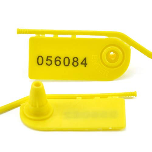 100 Pull Tight Security Seals Tamper Plastic Numbered Tags Fire Extinguisher Seal Self Locking Disposable Zip-Ties Adjustable Length for Clothes, Shoes and Bags 210mm Yellow