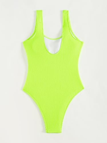 Image of Limeeke Women One Piece Swimsuit Solid Ribbed Monokini Swimwear Scoop Neck Low Back Bathing Suit