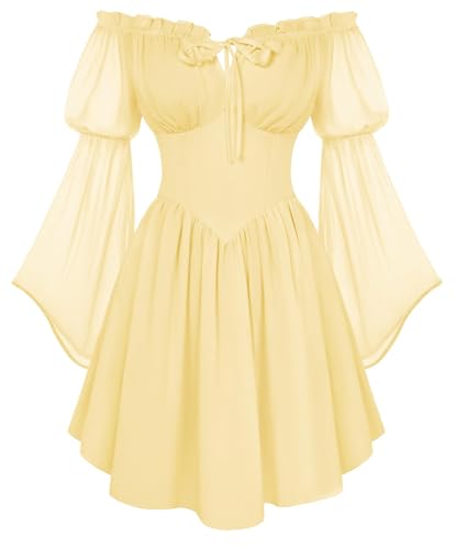Scarlet Darkness Womens Renaissance Fairy Dress Short 2026 Summer Cottagecore Peasant Corset Mini Dresses Light Yellow L