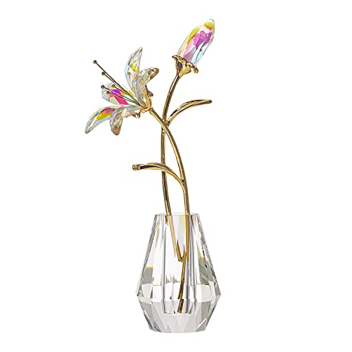 LONGWIN Fleurs de lys tigré artificielles en Cristal avec Vase, Figurines de Collection en Cristal avec revêtement AB pour décoration de Maison et Mariage