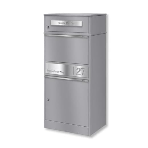 Metzler Briefkasten und Paketbox rostfrei und massiv, paketbox draussen groß XXL, Standbriefkasten modern, Paketkasten, Postbox in RAL 9007 Graualuminium mit Namensgravur, Modell Bispo 2