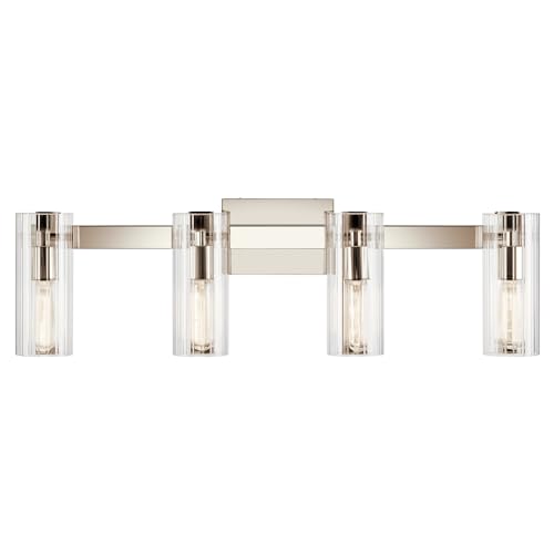 Image of Kichler Jemsa 4-Light Bathroom Vanity Light Fixture with Clear Fluted Glass in Polished Nickel, Modern Wall Mount Light for Bathroom Over Mirror (9.75 inch x 32 inch), 55169PN
