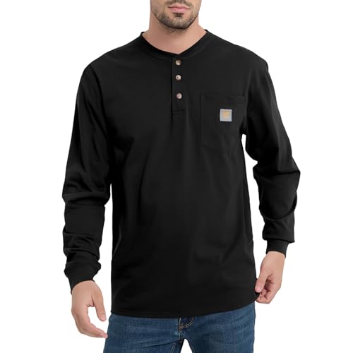 Kecols Mens Loose Fit Heavyweight Work Long Sleeve Henley T-Shirts Workwear Pocket Tee(Regular&Tall)(Black-M)
