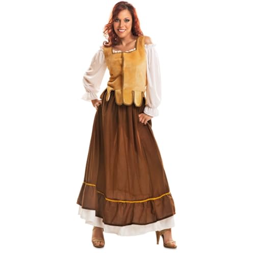 My Other Me - Disfarce de mesa para mulher, tamanho XXXL. Inclui camisa branca, colete cor mostarda e saia comprida castanha com detalhes dourados e baixo. Ideal para eventos temáticos!