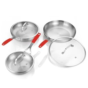 DELARLO Tri-ply Stainless Steel Frying Pan Set with Lid 8″ 10″ 12″ large Skillets Induction Chef’s Pan,Pots and Pans Set Kitchen Cookware Frying Pan Set Dishwasher and Oven Safe