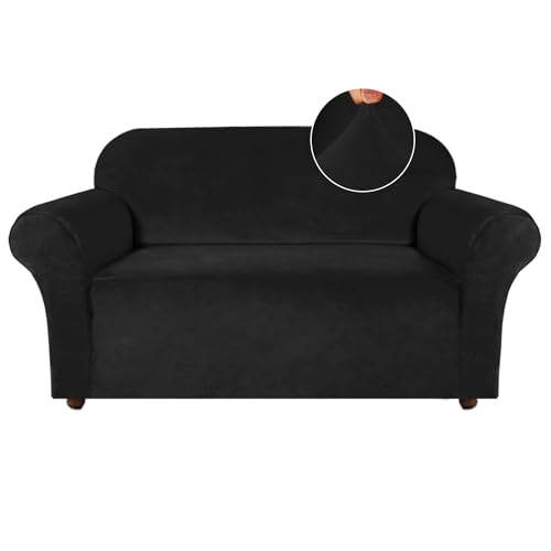 Turquoize Velvet Loveseat Covers Stretch Love Seat Couch Covers for 2 Cushion Couch Velvet Sofa Cover with Non Slip Elastic Bottom Furniture Cover Crafted from Soft Fabric (Loveseat, Black)