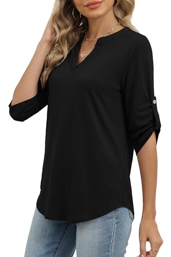 Image of XIEERDUO 3 /4 Length Sleeve Womens Tops V Neck T Shirts Both Side Buttons Blouses Business Casual Outfits Loose Fit