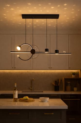 Image of Modern Linear LED Pendant Chandelier Light | Contemporary Star Projection Hanging Ceiling Lamp | Black & Gold Finish | Ideal for Dining Table, Kitchen Island, Living Room & Bar