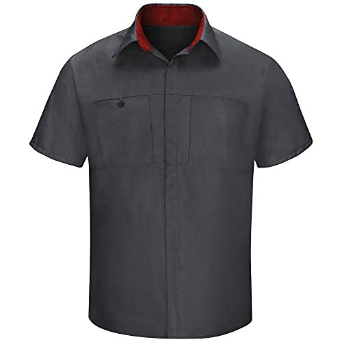 Red Kap Men's Short Sleeve Performance Plus Shop Shirt with OilBlok Technology, Charcoal with Fireball Red Mesh, 2X-Large