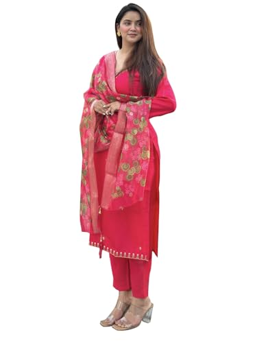 Image of VredeVogel Women's Beads Embroidered Silk Blend Kurta Pant Set with Organza Dupatta | Perfect for Festive & Casual Ethnic Kurta Set for Women