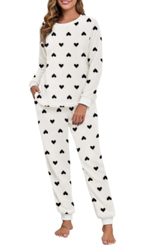 PrinStory Schlafanzug Damen Lange Flanell Pyjama Rundhals Fleece Pyjama Langarm Frottee Schlafanzug Winter Loungewear (Aa Weiß Schwarzes Herz, L)
