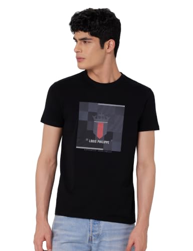 Image of Louis Philippe Men's Slim Fit Jersey Half Sleeve Crew Neck Tshirt with Stretch Graphic Print Brand Carrier on Chest