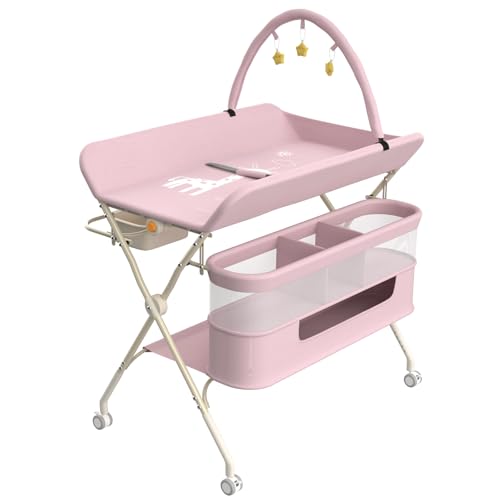 MUL-BOUTIQUE Table a Langer Pliante avec Panier de Rangement,Structure en Fer Charge Max 25KG,Réglable en Hauteur,Table à Langer Mobile pour Nouveaux-Nés,80 * 73 * 94 cm (Rose)