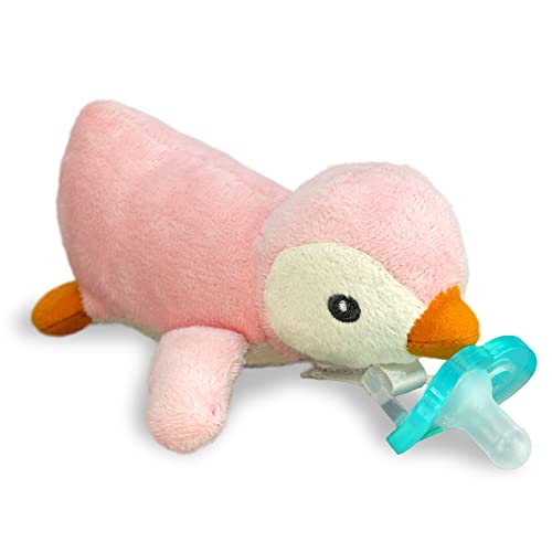 Image of RaZbaby RaZbuddy JollyPop Pacifier Holder w/Removable Baby Pacifier - 0m+ - BPA Free - Pink Penguin, 1 Count (Pack of 1)