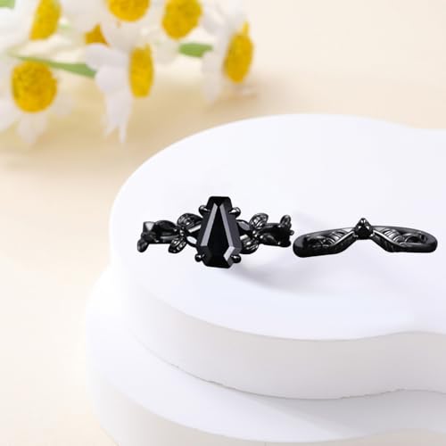 Customized Natural Black Onyx Engagement Ring Set for Women, 925 Silver/10K 14K 18K Gold Vintage Art Deco Leaf Bridal Wedding Ring Set Black Gold Gemstone Rings Jewelry Gifts for Her2