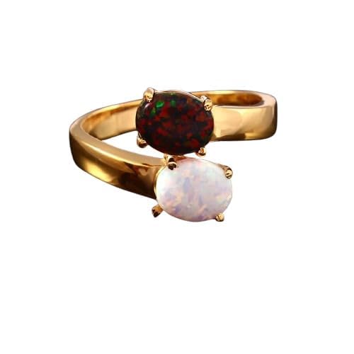 9x7 mm Lab Grown Fire Opal Gemstone Engagement Rings Oval Shape white & Black Opal Stone October Birthstone 925 Sterling Gold Plated Band Ring Promise, Anniversary Gift for Her