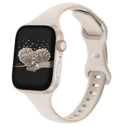 Slim Thin Band Compatible with Apple Watch 38mm 40mm 41mm 42mm 44mm 45mm 46mm 49mm, Replacement Silicone Sport Strap Wristbands for iWatch Series 9/8/7/6/5/4/3/2/1 Ultra/2 SE Women Men, Starlight