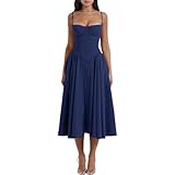 Womens Corset Dress Elegant Spaghetti Strap Midi Dress Flowy Pleated Hem Low Cut Prom Dresses Floral Bustier Dress (US, Alpha, Medium, Regular, Regular, Navy)