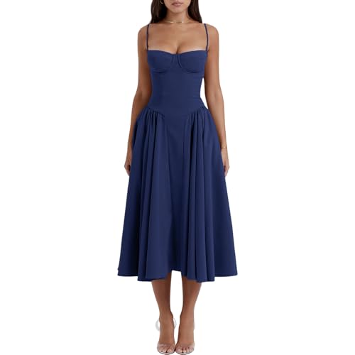 Womens Corset Dress Elegant Spaghetti Strap Midi Dress Flowy Pleated Hem Low Cut Prom Dresses Floral Bustier Dress (US, Alpha, Medium, Regular, Regular, Navy)