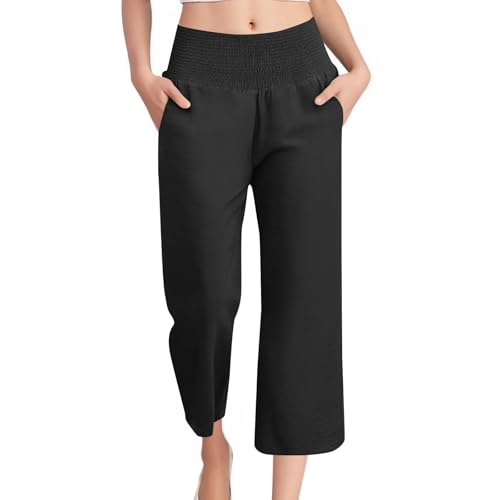Linen Capri Pants for Women Smocked High Waist Wide Leg Capris Pants Summer Baggy Beach Lounge Boho Pant with Pockets4