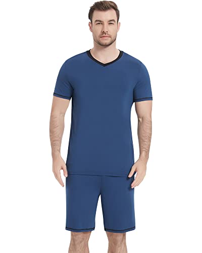 Image of NACHILA Pajamas for Men Pj Short Sleeve Sleepwear with Shorts V Neck Loungewear Cool Pajama,Viscose Made from Bamboo