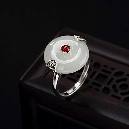 Bague en argent S925 et véritable jade de Hetian rétro fait main