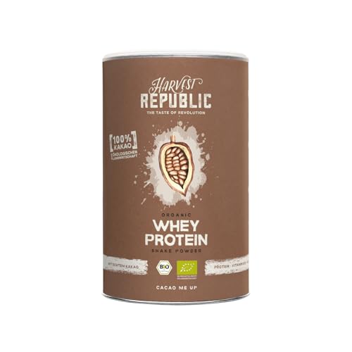 HARVEST REPUBLIC Bio Whey Protein Pulver Schoko | 320 g Eiweiß Protein Pulver aus Bio Molke | Molkenproteine für Muskelaufbau | bis zu 20 g Protein pro Portion | Bio Proteinpulver ohne Zusatzstoffe