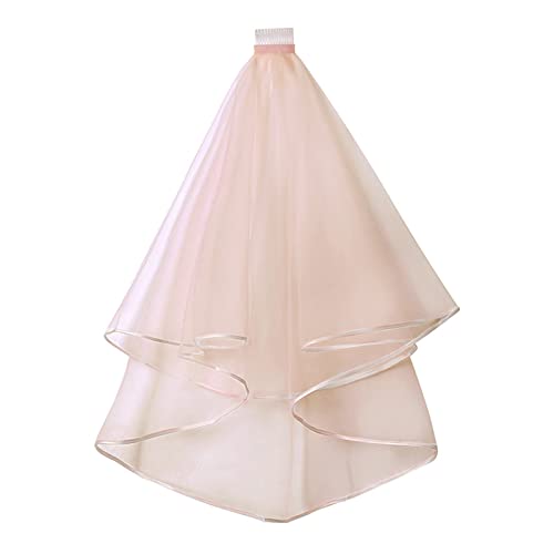 XUYUH Veil Double Mesh Tulle Ribbon Edge Women Short Wedding Veil with Comb Bride Headpiece, 60x80cm, Pink
