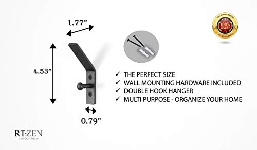 Rtzen Three Decorative Hammered Nail Double Hooks - 3 Handmade Wrought Iron Stylish Hangers For Your Suit, Coat, Hat, Jacket, Robe, Bath Towel | Mug Hooks Hang-All Easy Wall Mount | Black Forged Rod #TOP5