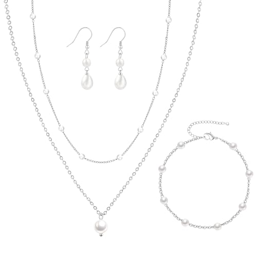 DIBOLA Silver Jewelry Set for Women Dainty Silver Layered Pearl Choker Necklaces and Earring Set Pearls Drop Earrings Pearl Bracelets Wedding Bride Jewelry