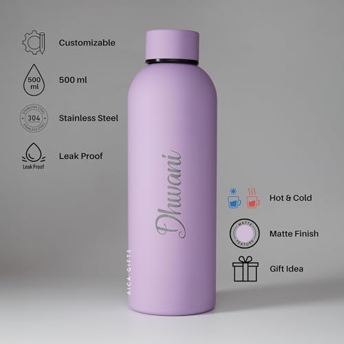 Image of AICA Personalized Name Stainless Steel Water Bottle -500ml -12Hrs Hot & 18Hrs Cold (Purple) |Customised Gift For Man Woman Girl Boy