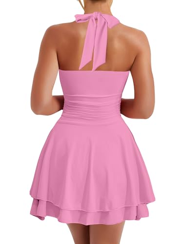 Image of Kaximil Women's Sexy Halter Ruffle Hem Mini Dress Ruched Waist Corset Short Party Dresses