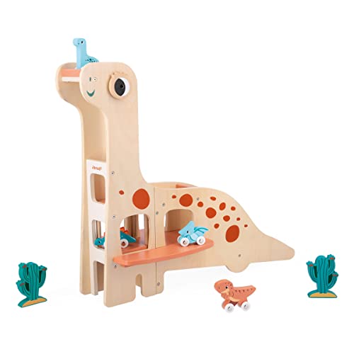 Janod- Dino Garage Garaje Infantil Diplodocus-4 Dinosaurios y 2 Cactus-Motricidad Fina-Juguete de Madera FSC-A Partir de 24 Meses, J05835, Multicolor (JURATOYS