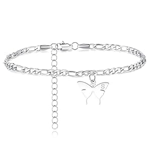 TONY & SANDY Ankle Bracelets for Women – Initial Butterfly Anklet for Women Stainless Steel Figaro Chain Summer Beach Waterproof Foot Jewelry Gifts, Gold/Silver