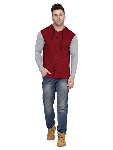 Image of Geum Men's Full Sleeve Hooded T-Shirt with Button-Down Front | Casual Slim Fit Cotton Shirt-Style Tee