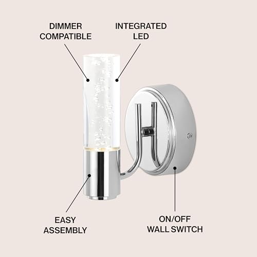 Image of JONATHAN Y 5.5 inch Chrome 1-Light Modern Integrated LED Vanity Light Wall Sconce for Bathroom, Clear Bubble Acrylic Shade Minimalist Art Deco Light for Hallway, Entryway, 4000K JYL7222A