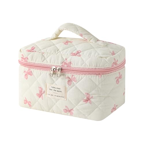uekeboag Bolsa grande de maquiagem acolchoada de viagem para mulheres, bolsa de cosméticos de algodão floral, bolsa organizadora de higiene pessoal floral estética Coquette (08Little Pink Bow