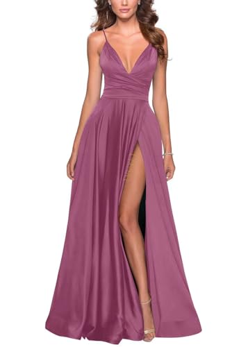 Image of Tvuyet Satin Bridesmaid Dresses with Slit Pleated A Line Spaghetti Straps Formal Prom Evening Gowns