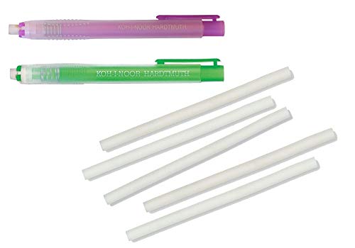 Koh-I-Noor Lot de 2 gommes en forme de stylo (vert + violet) 12,5 cm de long + 5 gommes de rechange