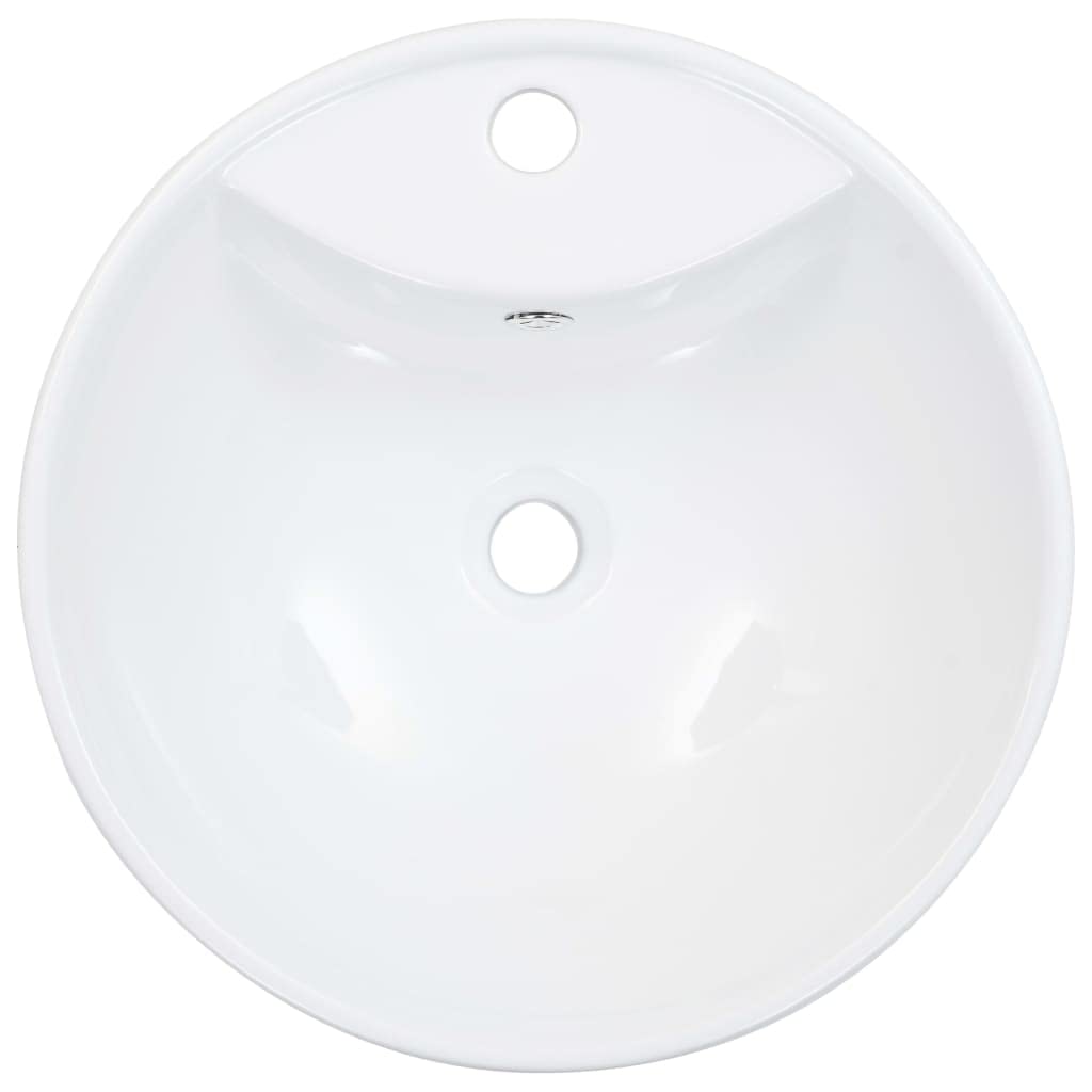 Ceramiczna umywalka nablatowa z przelewem i otworem na kran 46,5 x 18 cm umywalka do łazienki, okrągła, biała, z funkcją odpływu