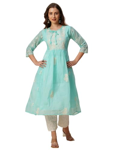 Image of RATAN Women's Muga Cotton Flared Lucknowi Chikankari Ethnic Wear Kurta