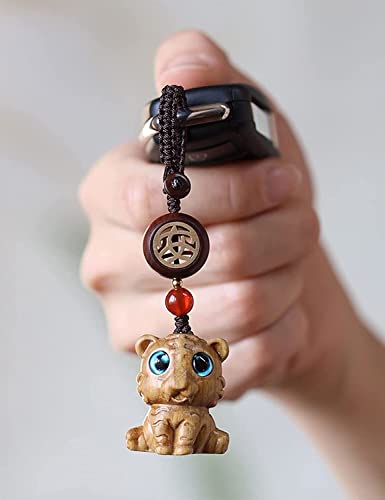 ROBAUN Drewniany tygrys brelok wisiorek, uroczy chiński zodiak tygrys narodziny zwierzę breloczek do kluczy, kształt zwierzęcia zawieszka do kluczyka samochodowego, pomarańczowy, 3.9"