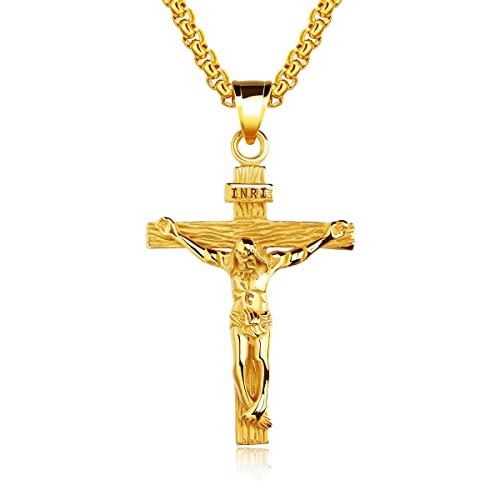 MING ZUAN Cross Necklace for Men and Women Jesus Cross Pendant Necklace Mens Cross Necklaces Cross Chain with 22 Inch Stainless Steel Chainï¼ŒGift Packed(Gold)