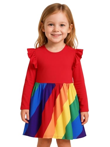 Image of Girl Fall Long Sleeve Dress Christmas Red Rainbow Twirly Skater Midi Party Dress