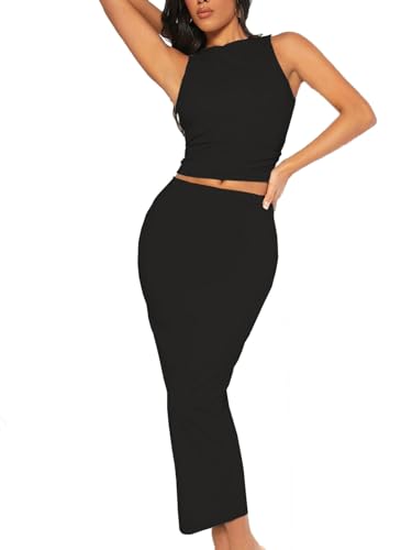 Image of Bdwinz Women's Casual 2 Piece Dress Round Neck Tank Top Bodycon Midi Skirt Dress Set