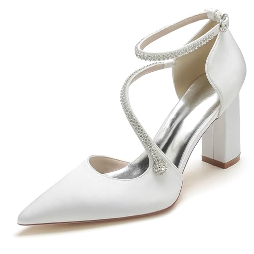 smlekwc Zapatos De Novia De Satén Puntiagudos para Mujer Zapatos De Novia Cruzados con Diamantes De Imitación Zapatos De Vestir De Fiesta De Tacón Alto,Blanca,37 EU