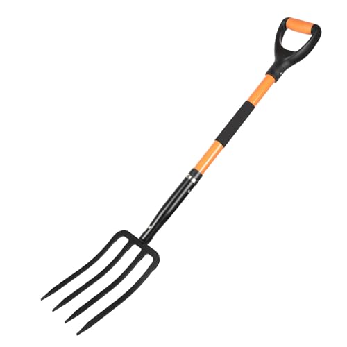Garden Fork with Ergonomic Handle Fiberglass Handle4-Tine Pitchforks for Gardening Digging Composting Spading.